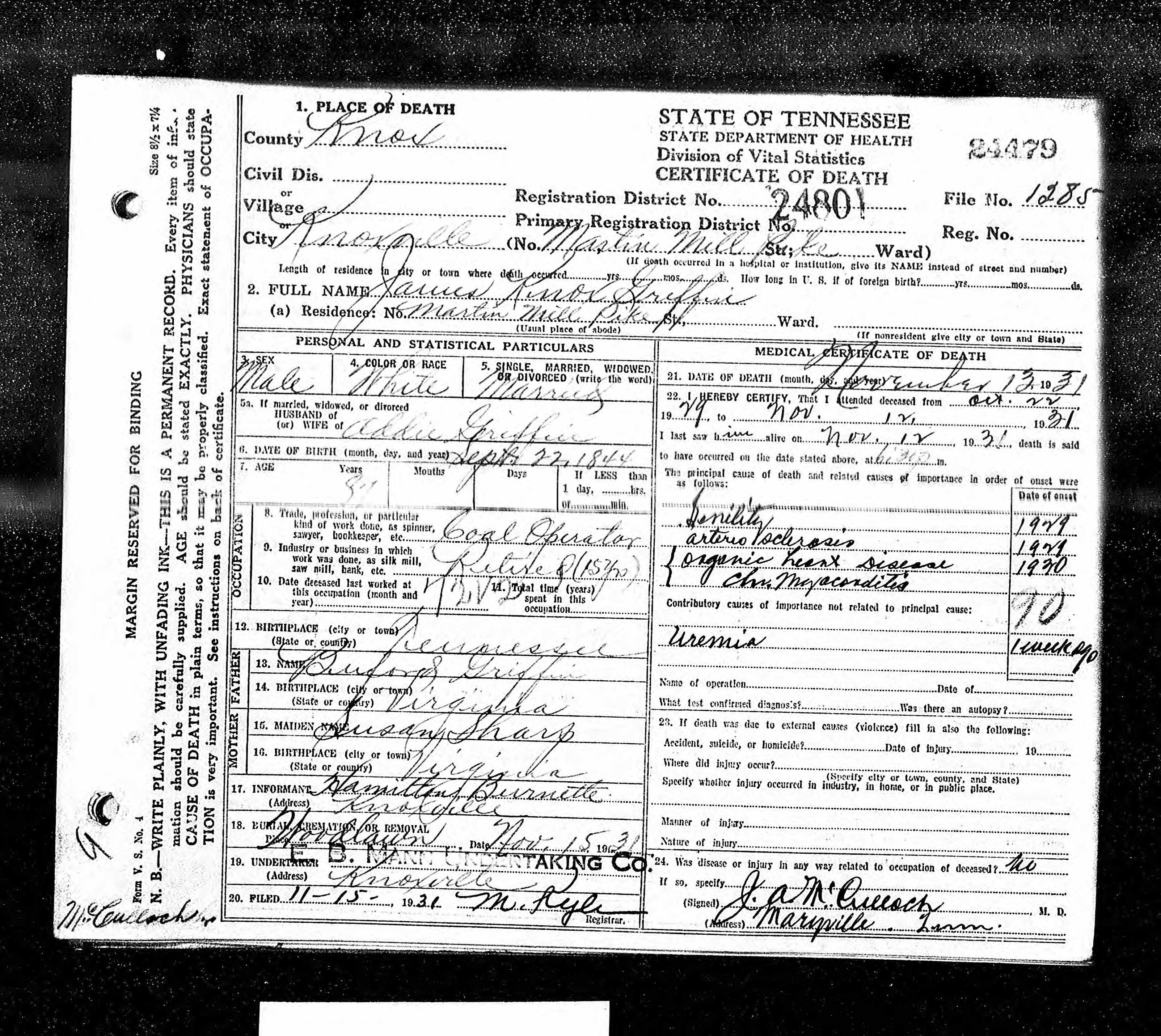 Death Certificate, James Knox Griffin