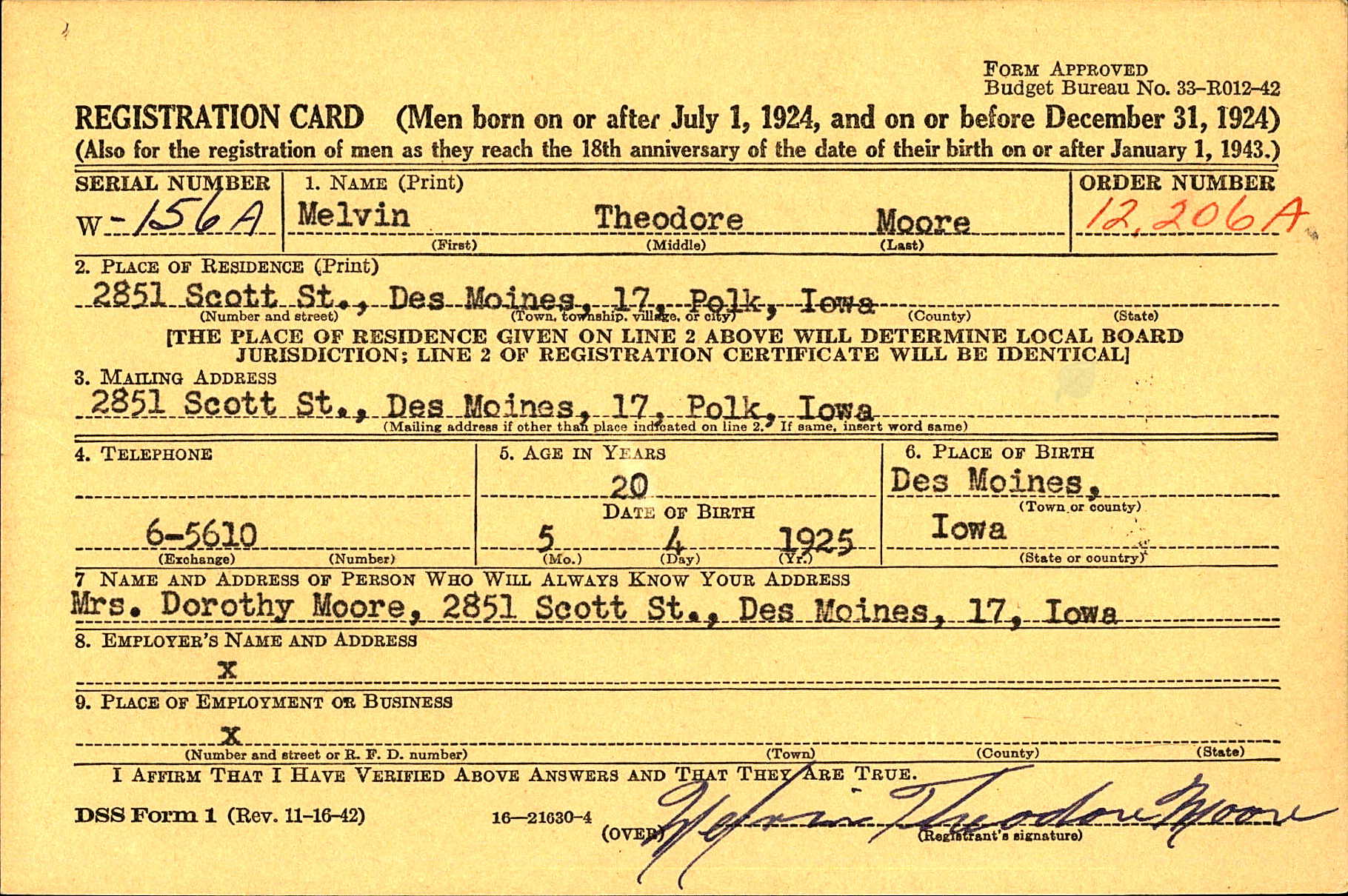 WWII Draft Registration, Melvin Theodore Moore