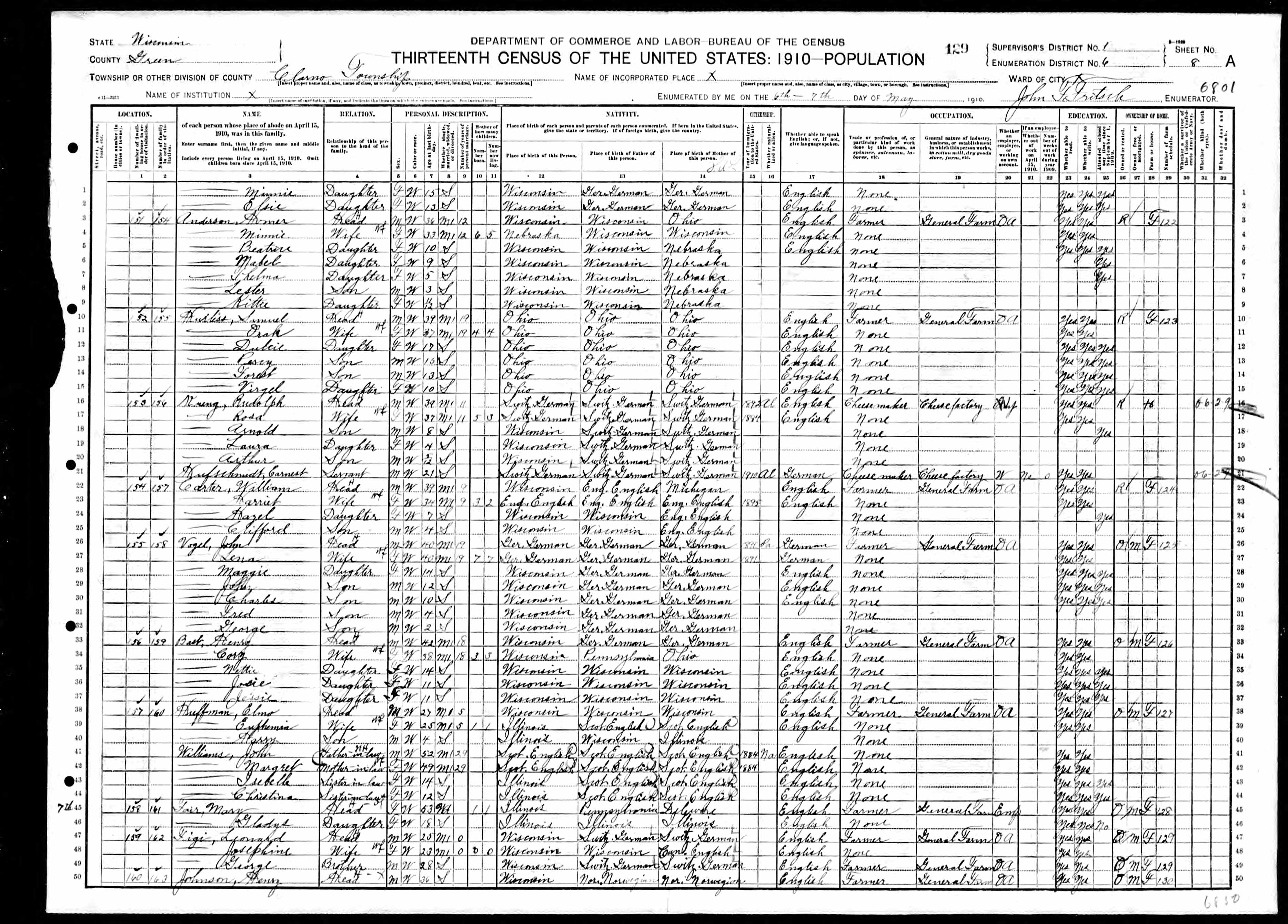1910 Census, Clarno township, Green county, Wisconsin