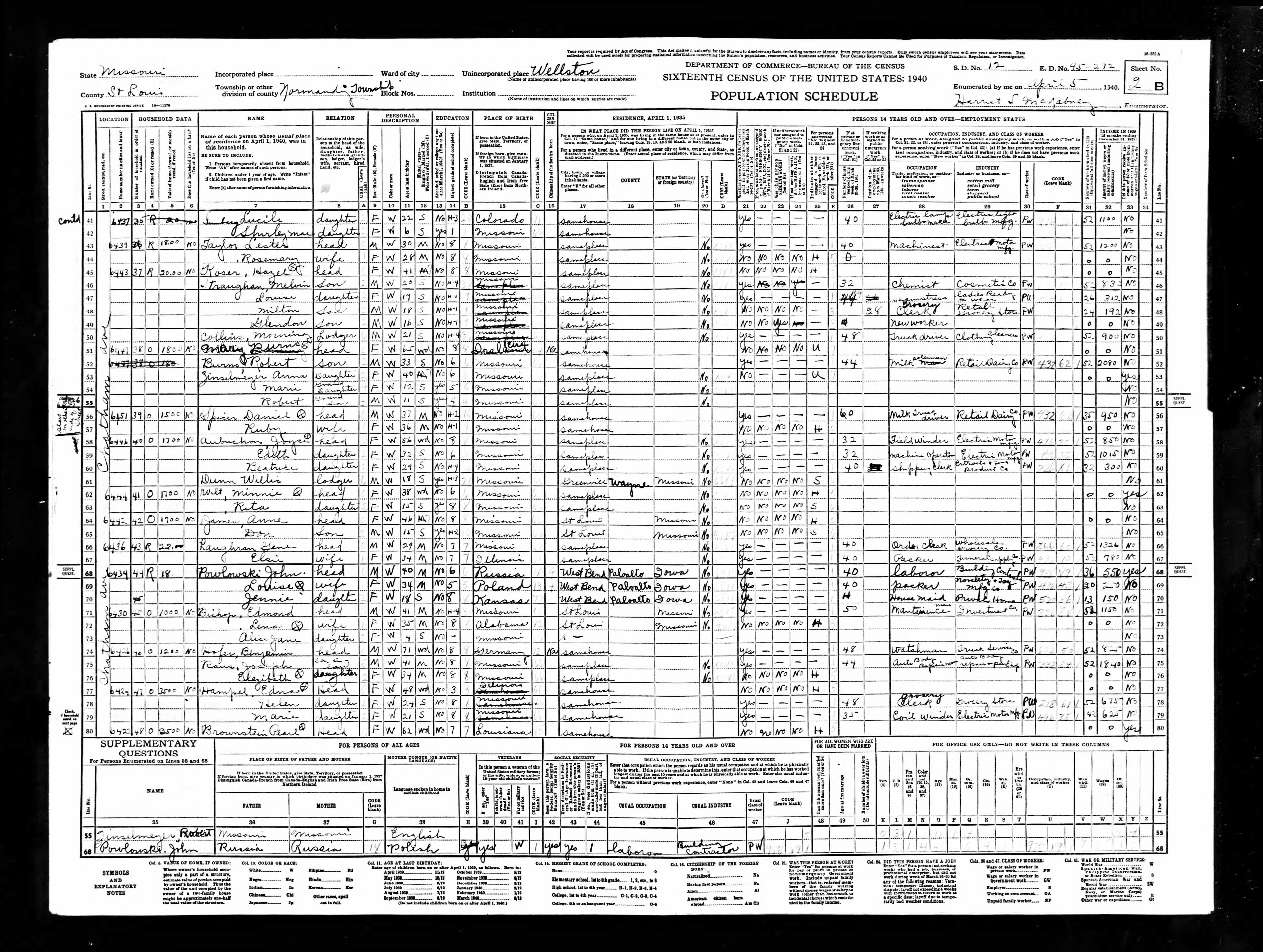1940 Census, Wellston, St. Louis county, Missouri