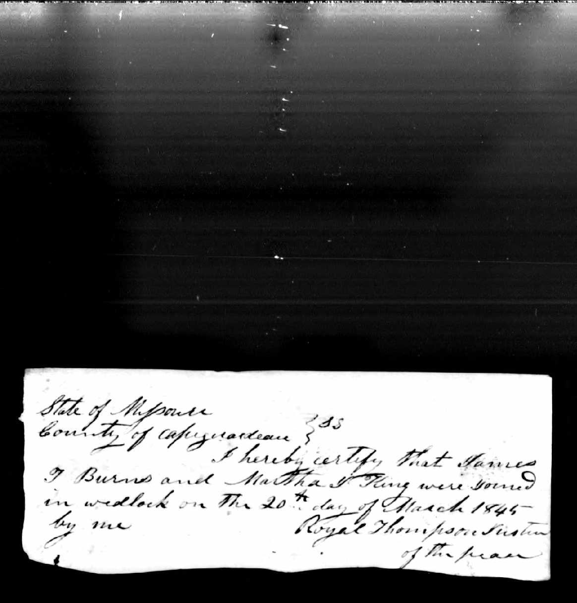 Missouri Marriage Record, James T. Burns and Martha J. King