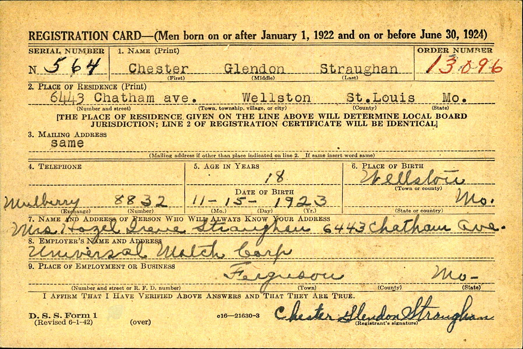 WWII Draft Registration, Chester Glendon Straughan