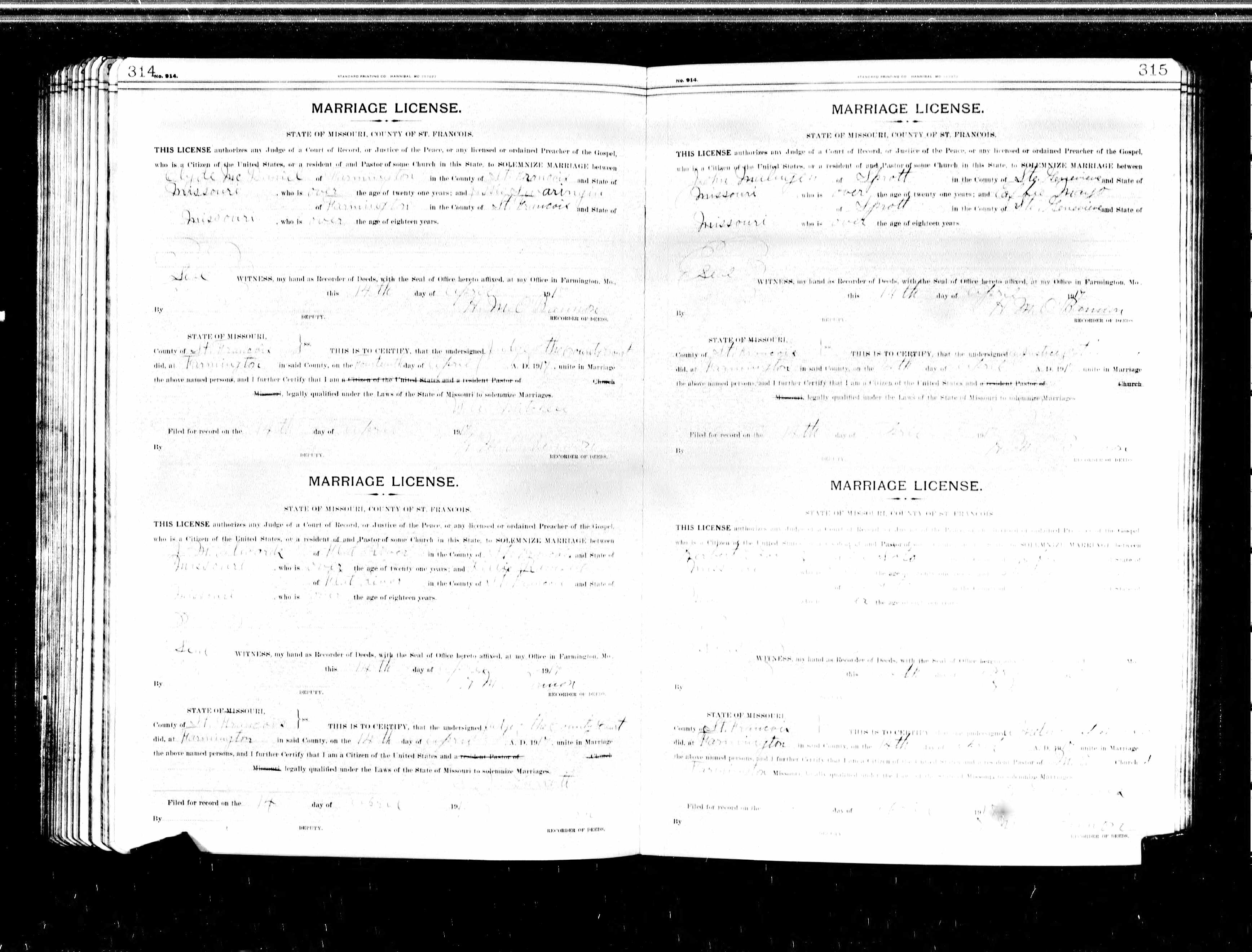 Missouri Marriage Record, Clyde McDaniel and Jessie Swaringin