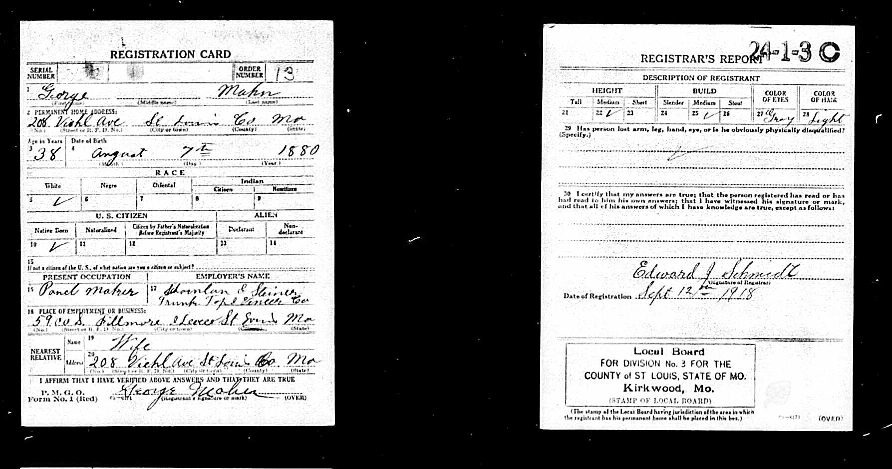 WWI Draft Registration, George Mahn