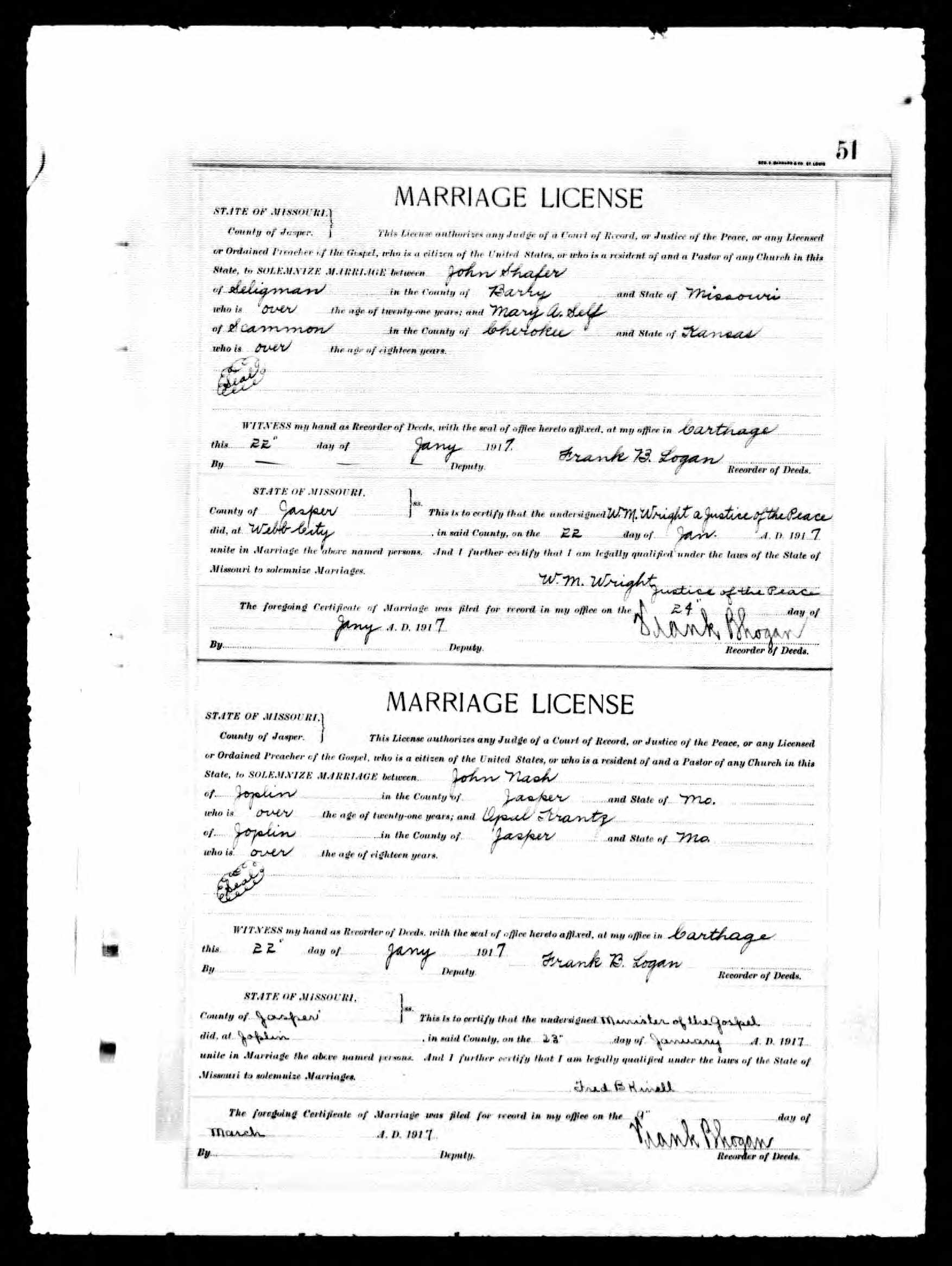 Missouri Marriage Record, John Nash and Opal Krantz