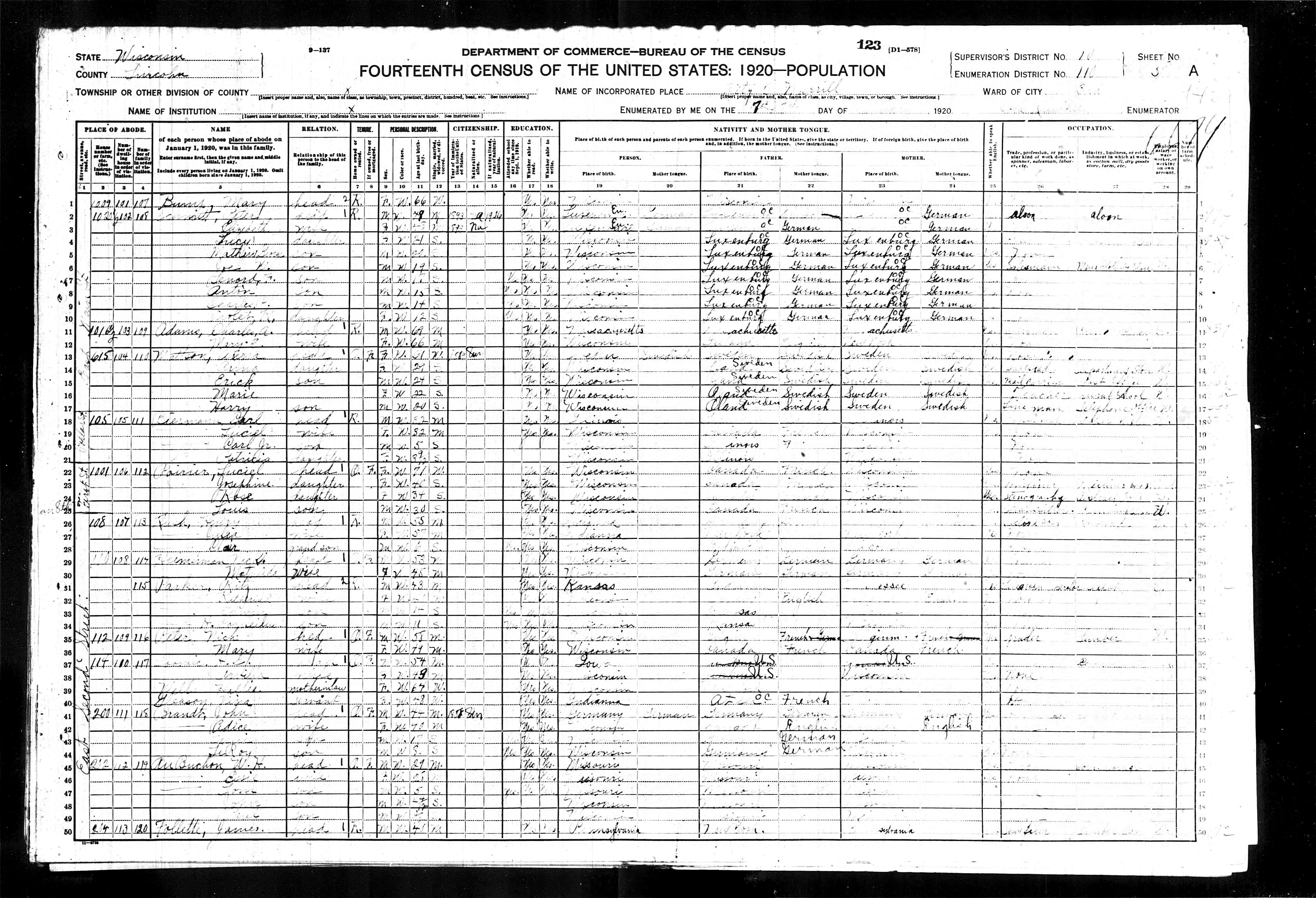 1920 Census, Merrill, Lincoln county, Wisconsin