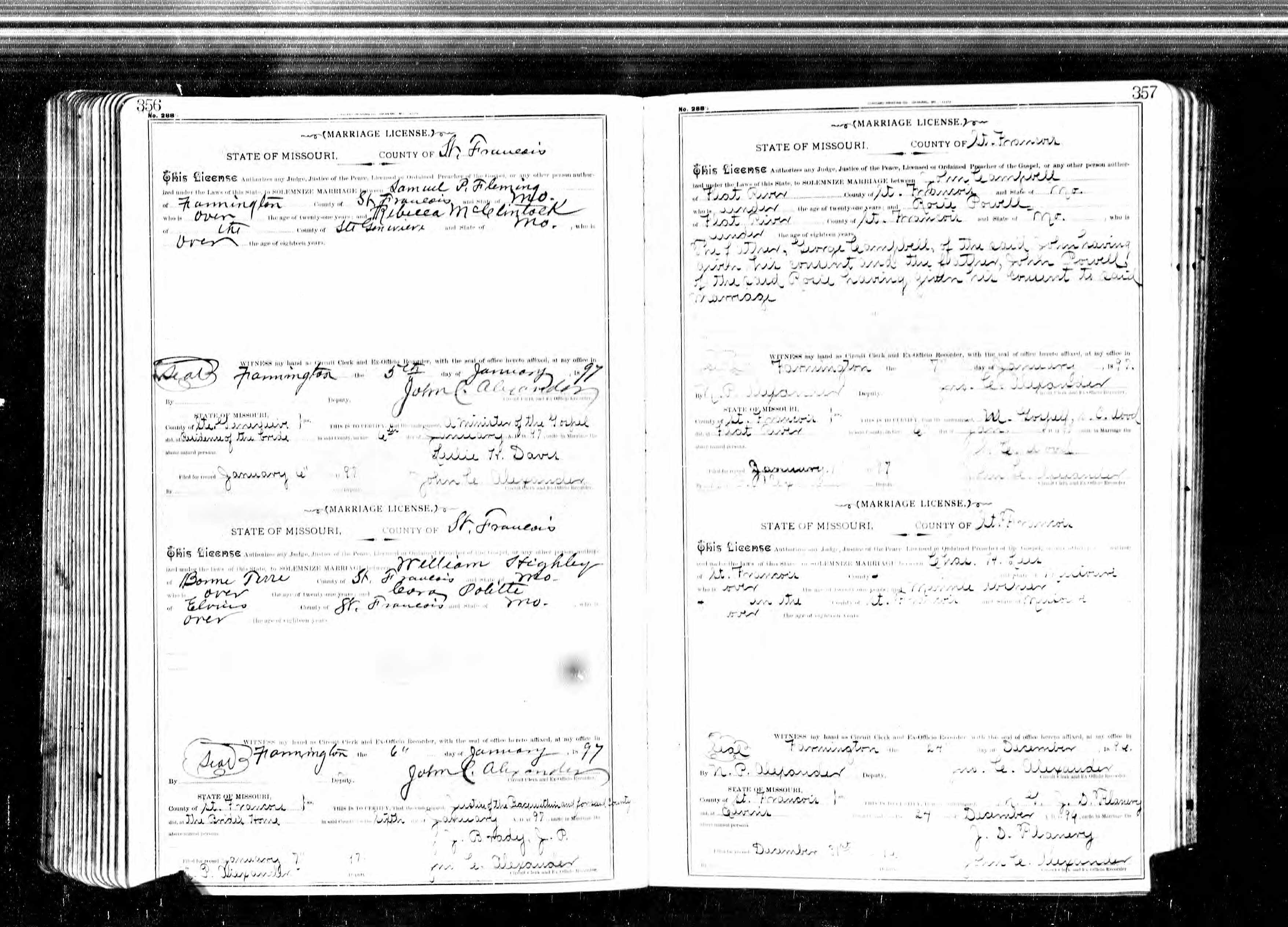 Missouri Marriage Record, Samuel P. Fleming and Rebecca McClintock