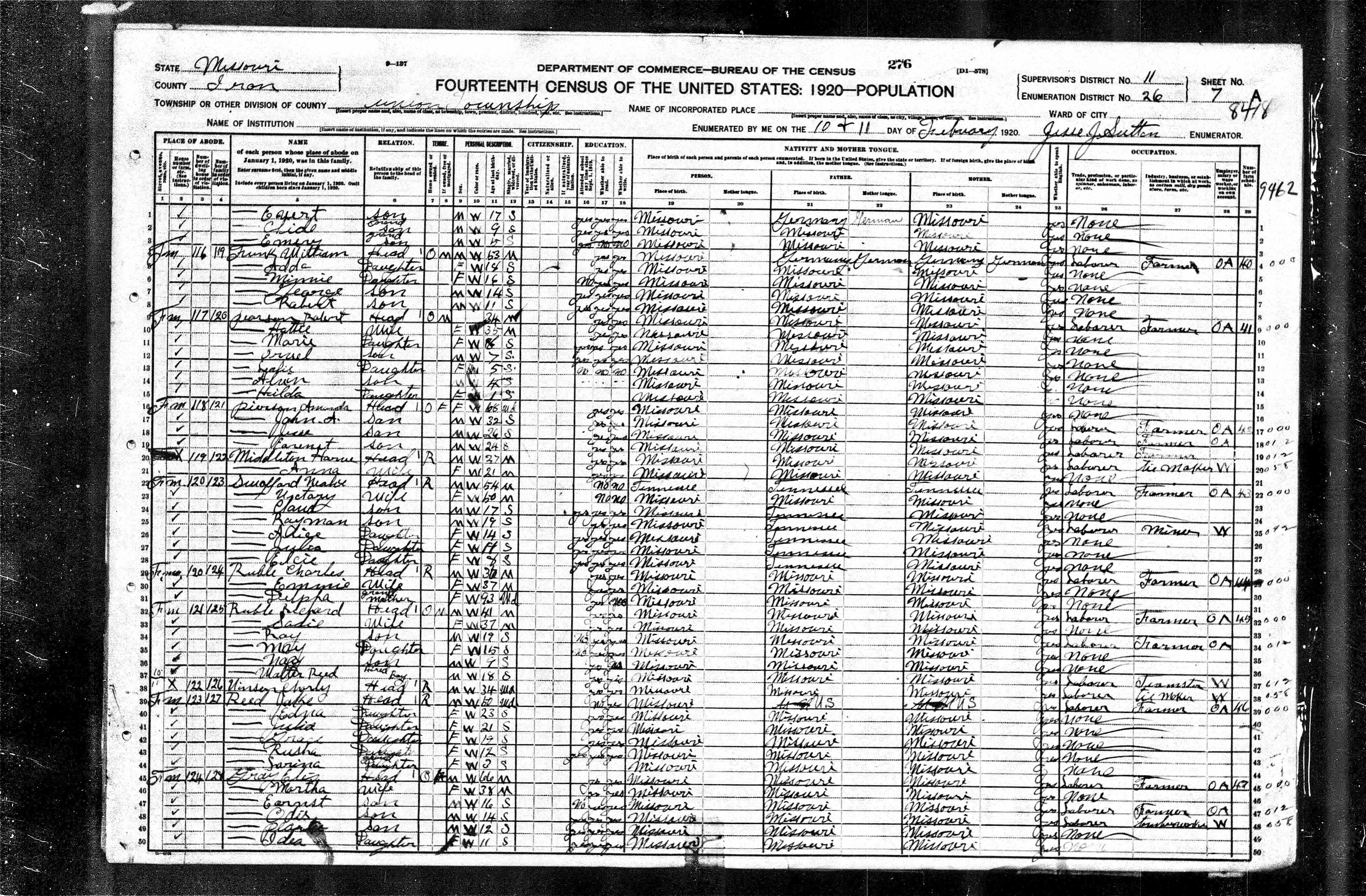 1920 Census, Union township, Iron county, Missouri