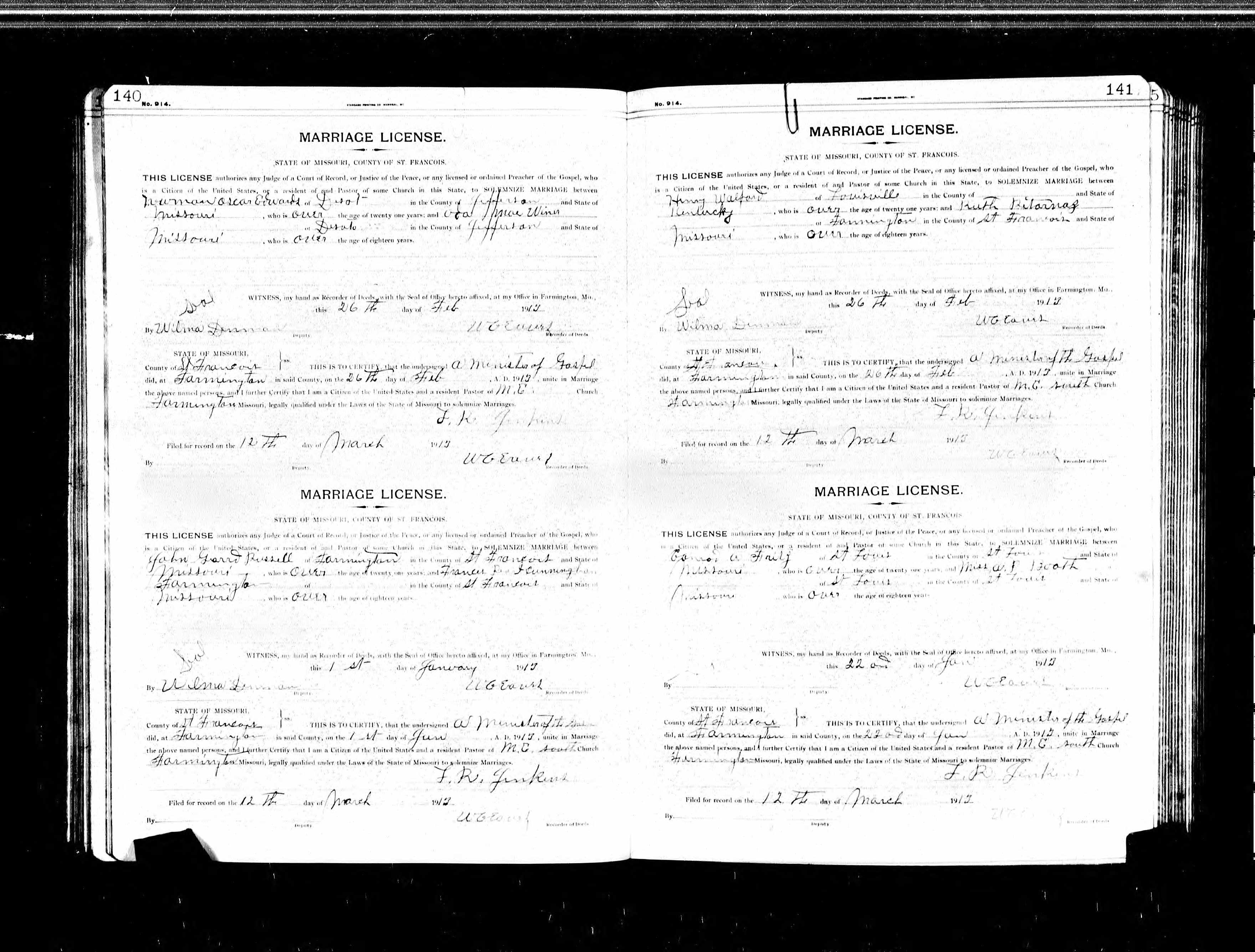 Missouri Marriage Record, John Garrd Russell and Francis Pearl Cunningham